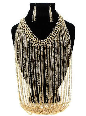 Rhinestone Charm Gold Tone Drop Chain Necklace w/ Earrings DS1017GDCLR