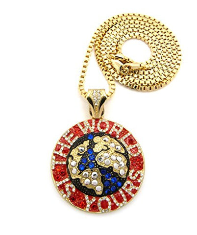 The World is Yours Pave Mini Globe Pendant with 3mm 30" Box Chain - Blue/Red/Gold-Tone