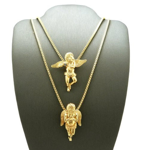 Gold Tone Cherub Angel Pendant Set 2mm 24" 30" Box Chain Necklace RC131G