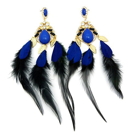 Fancy Epoxy Stone Accent 3 Feather Dangle Earrings in Blue/Gold-Tone