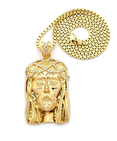 Crown of Thorns Jesus Stud Pendant w/ 36" Box Chain - Gold Tone MLP056GBX