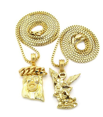 Thick Crown Jesus and Archangel Micro Pendant Necklace Set with 24" 30" Box Chains - Gold-Tone