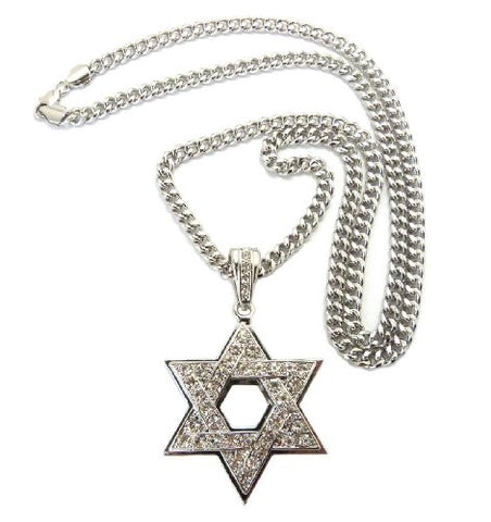 Hollow Iced Out Star of David Pendant with 6mm 36" Miami Cuban Chain Necklace in Silver-Tone