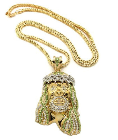Crown of Thorns Jesus Paved Pendant with 36" Franco Chain Necklace - Lime/Clear Gold-Tone MP449G-LMCR