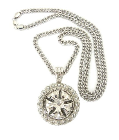 Rhinestone Tire Rim Pendant in Silver Tone w/ 36" Miami Cuban Chain CP59R