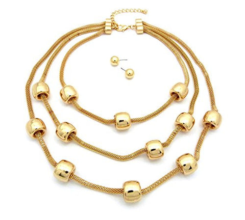 Tube Ring Charm Three Strand Mesh Chain Fashion Necklace with Ball Earrings in Gold-Tone