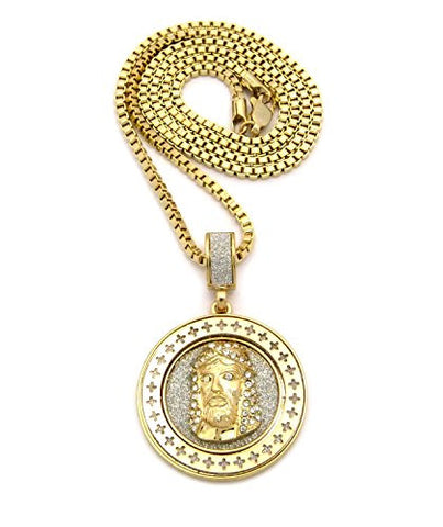 Cross Frame Stone Stud Jesus Medal Pendant 2.5mm 24" Box Chain Necklace in Gold-Tone