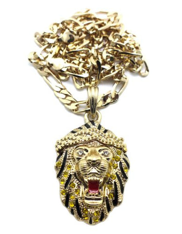 Stone Stud Roaring Lion Pendant 4mm 24" Figaro Chain Necklace in Gold-Tone