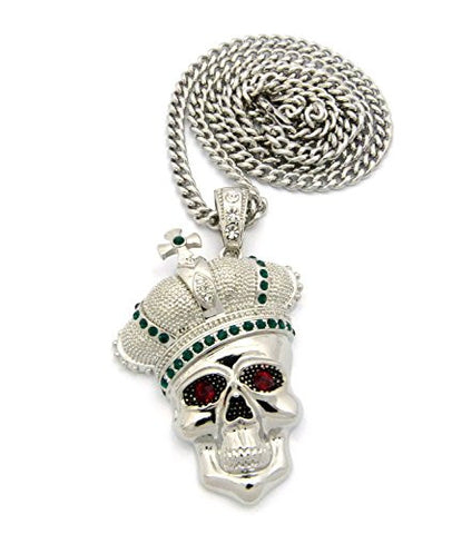 Royal Crown Skull Head Pendant with 6mm 36" Cuban Link Chain - Green/Silver-Tone