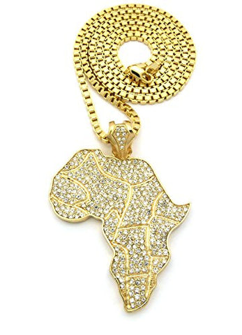 Iced Out African Continent Pendant w/36" Box Chain Necklace - Gold Tone XP550GBX