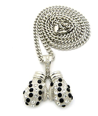 Rhinestone Studded Boxing Gloves Pendant 6mm 36" Cuban Link Chain Necklace - Black/Silver-Tone