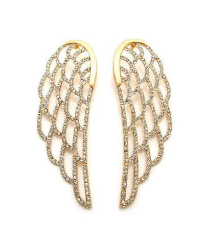 Pave Angel Wing Big Drop Earrings in Gold-Tone