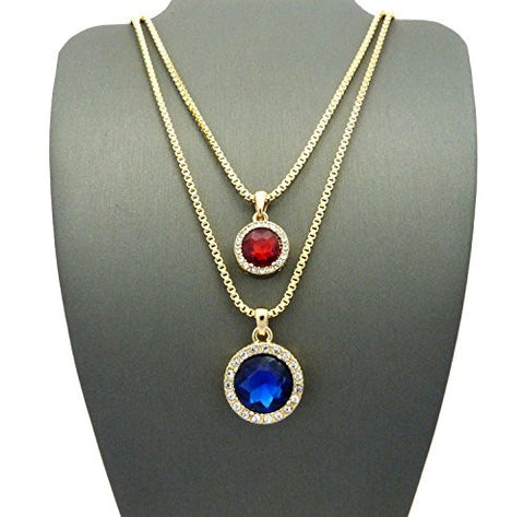 Round Faux Ruby & Pave Blue Stone Pendant Set 2mm 24" & 30" Box Chain Necklace in Gold-Tone