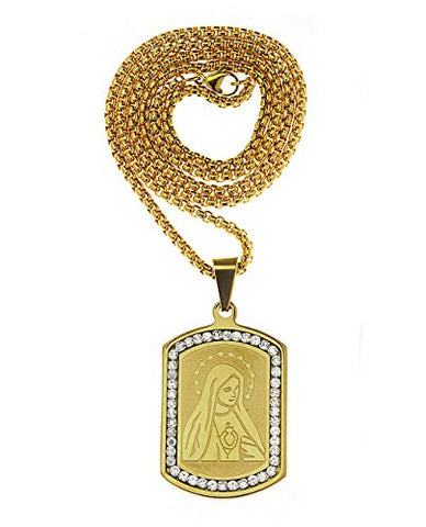 Stone Studded Stainless Steel Saint Mary Dog Tag Pendant 3mm 24" Box Chain Necklace in Gold-Tone