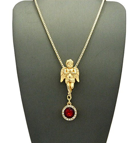 Plain Praying Angel & Round Faux Ruby Stone Pendant Vertical Link Box Chain Necklace in Gold-Tone