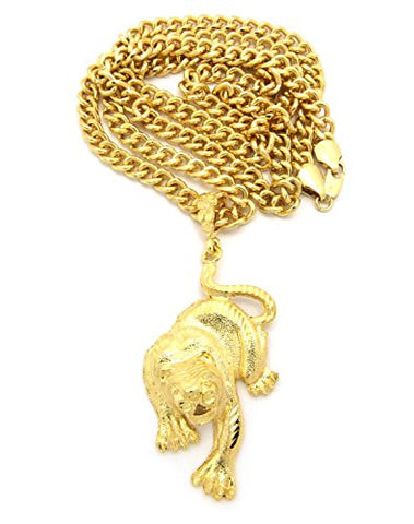 Solid Jaguar Pendant Necklace with 6mm 36" Cuban Link Chain - Gold-Tone
