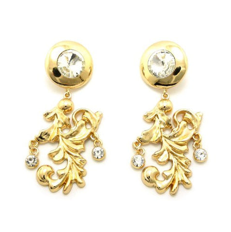 Clear Stone Stud Filigree Charm Drop Earrings in Gold-Tone
