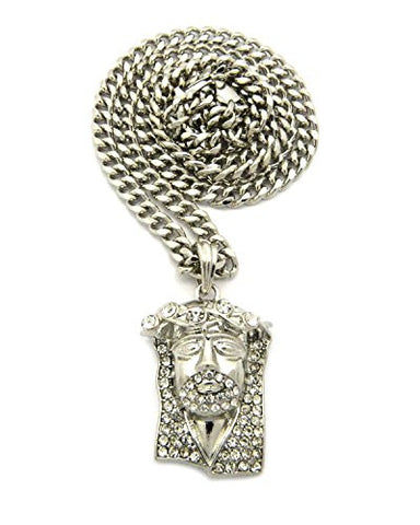 Stone Crown Jesus Pendant 5mm 24" Cuban Link Chain Necklace in Silver-Tone