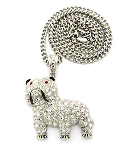 Pave Bulldog Pendant with 6mm 36" Cuban Link Chain Necklace - Silver-Tone