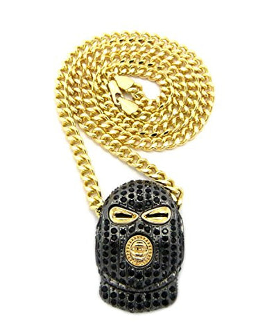 Iced Out Goon Ski Mask Man Pendant with 5mm 24" Cuban Link Chain - Black/Gold-Tone