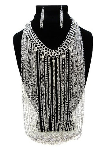 Rhinestone Charm Silver Tone Drop Chain Necklace w/ Earrings DS1017RDCLR