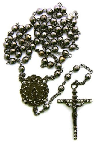 Hematite Tone Mother Mary w/ Jesus Cross Pendant 36" Rosary Necklace R34HE