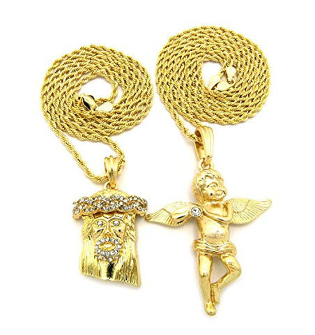 Crown of Thorns Jesus & Solitaire Angel Micro Pendant Set with 24" 30" Rope Chains - Gold-Tone