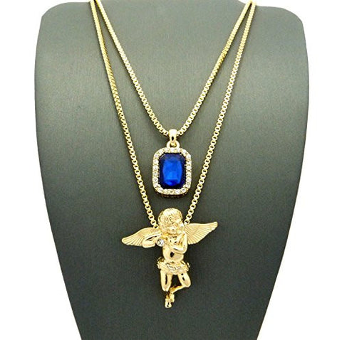 Pave Blue Stone & Solitaire Angel Pendant Set 2mm 24" & 30" Box Chain Necklace in Gold-Tone