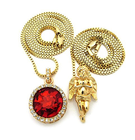 Micro Round Faux Ruby Stone & Solid Pray Angel 2mm 24" 30" Box Chain Necklace Set - Gold-Tone