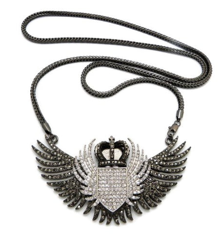 Iced Out Crown Wing Pendant Hematite Two Tone w/ 36" Franco Chain MHP9HERCR