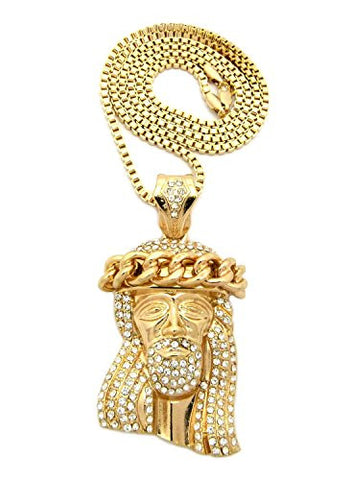 Cuban Crown Stone Stud Jesus Head Pendant 3mm 30" Box Chain Necklace in Gold-Tone