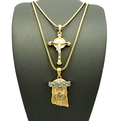 Two-Tone Celtic Cross with Pave Jesus Pendant 24" 30" Box Chain Necklace