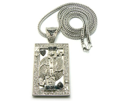King Playing Card Pave Pendant in Silver Tone w/ 36" Franco Chain MHP3R