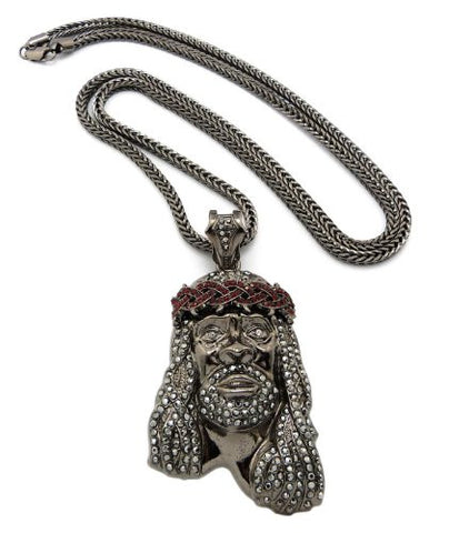 Crown of Thorns Jesus Paved Pendant with 36" Franco Chain Necklace - Hematite/Red-Tone MP449HE-HERD