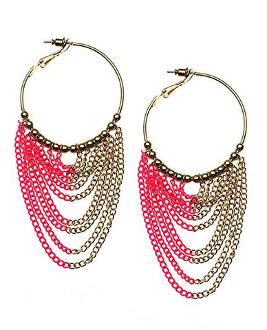 Chandelier Chain Dangle 1.60" Hoop Earrings Fuchsia/Gold-Tone