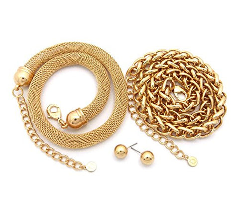 Women's Mesh Chain & Ponytail Chain Necklace Set with Ball Earrings in Gold-Tone
