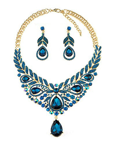 Dangling Teardrop Blue Stone Vine Pattern Necklace and Earrings Jewelry Set in Gold-Tone