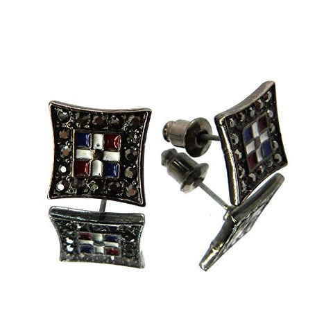 Flag of Dominican Republic Iced Out Kite Stud Earrings in Hematite-Tone XE1046HE