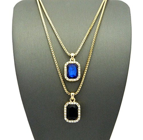 Pave Blue & Faux Onyx Stone Pendant Set 2mm 24" & 30" Box Chain Necklace in Gold-Tone