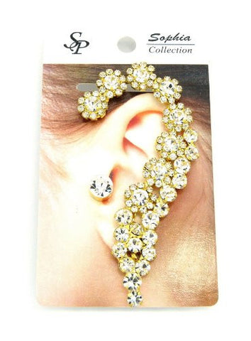 Gold Tone Rhinestone Stud Floral Design Earcuff w/ Earring ECM683GCL