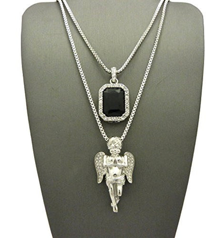 Stone Stud Praying Angel & Faux Onyx Stone Pendant Set 2mm 24" & 30" Box Chain in Silver-Tone
