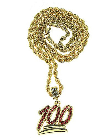 Red Perfect Score 100 Emoji Pendant 3mm 24" Rope Chain Necklace in Gold-Tone
