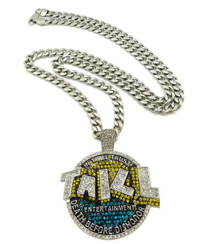 Iced Out Trill Ent. Pendant 8mm 36" Stainless Steel Miami Cuban Chain Necklace in Silver-Tone