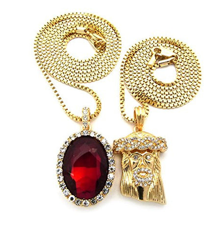 Micro Oval Faux Ruby Stone & Pave Crown Jesus Pendant 2mm 24" 30" Box Chain Necklace Set - Gold-Tone