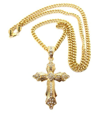 Vintage Style Cross Pendant in Gold Tone w/ 36" Miami Cuban Chain CP27G