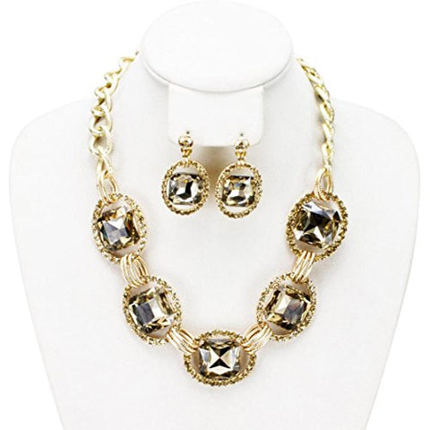 Encircled Radiant Cut Brown Stone Necklace and Earrings Jewelry Set