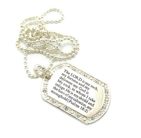 Psalms 18:2 Bible Verse Silver Tone Rhinestone Pendant w/ 3mm 30" Ball Chain OP99S