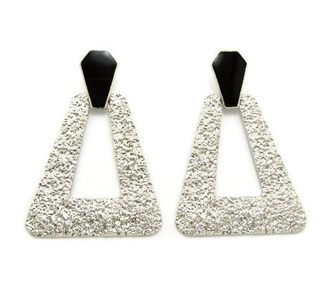 Hammered Trapezoid Doorknocker Earrings in Silver-Tone with Black Accent