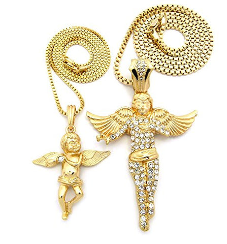 Pave Angel & Solitaire Cherub 2 Piece Pendant Set with 24" 30" Box Chains - Gold-Tone