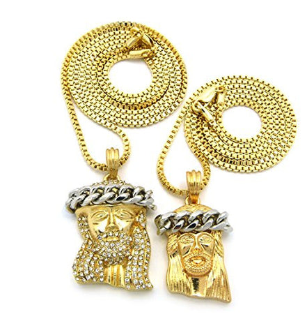 Iced Out & Plain Crown Jesus Micro Pendant 24" 30" Box Chain Necklace Set - Multi-Tone RC552TT